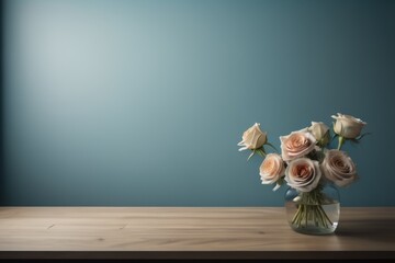 ooden table with glass vase with bouquet of roses flowers near empty, blank turquoise wall. Home...