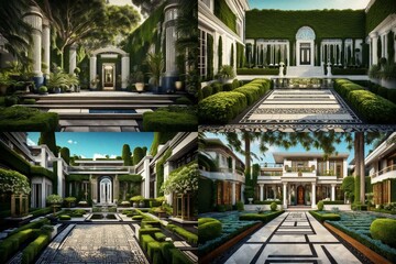 An Art Deco residence's landscaped garden path, surrounded by symmetrical landscaping and the classic beauty of the era