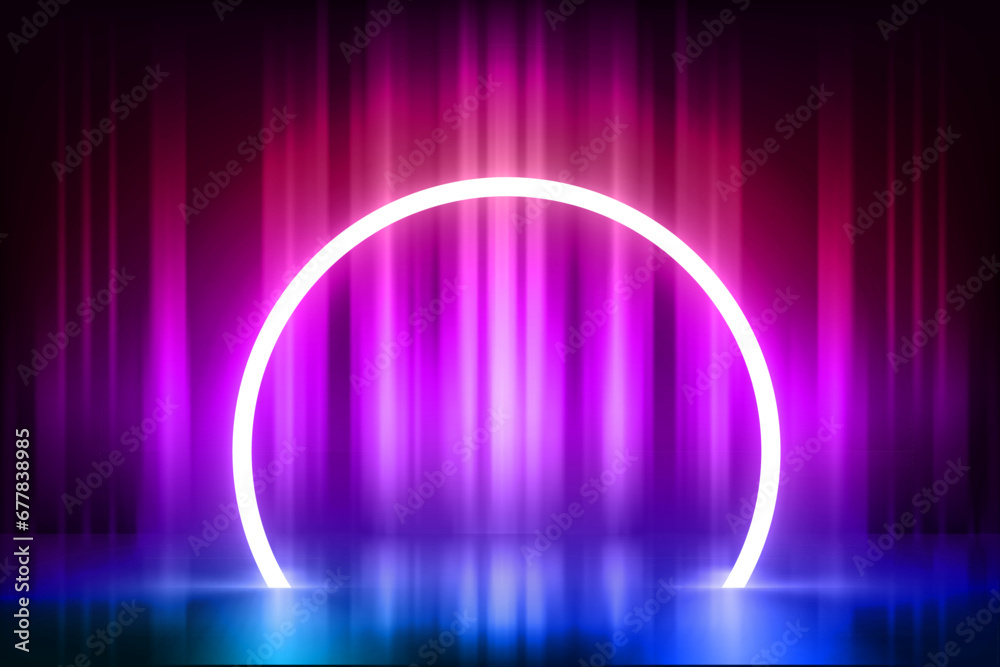 Aufkleber Abstract vibrant empty studio with glowing neon arc. Design product template. 3d vector mockup