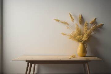 Wooden table with vase with bouquet of dried field flowers near empty, blank mustard wall. Home interior background with copy space