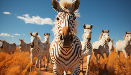 Zebra herd grazing on African savannah, beautiful landscape generated by AI