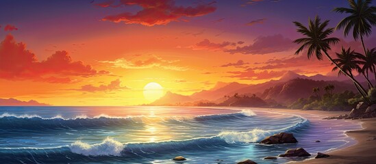 As the sun dipped below the horizon casting a warm glow upon the sandy beach the sky transformed into a stunning tapestry of vibrant colors creating a breathtaking background for nature enth - obrazy, fototapety, plakaty