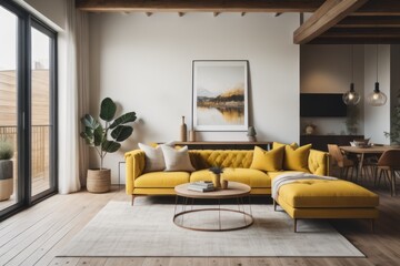 Yellow tufted sofa near rustic coffee table. Scandinavian home interior design of modern two story living room