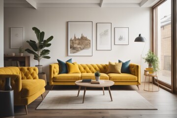 Yellow tufted sofa near rustic coffee table. Scandinavian home interior design of modern two story living room