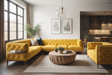 Fototapeta premium Yellow tufted sofa near rustic coffee table. Scandinavian home interior design of modern two story living room