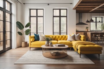 Yellow tufted sofa near rustic coffee table. Scandinavian home interior design of modern two story...