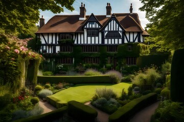 The historical tranquility of a Tudor style house's garden retreat, with a view of the historical landscaping and timeless design