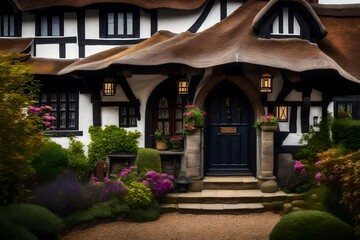 The welcoming entrance of a Tudor style house, featuring a picturesque thatched roof and a focus on historical architectural details
