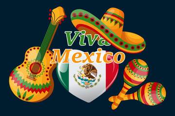Cinco de mayo banner with symbols of Mexico, Mexico flag, maracas, sambrero,  cowboy boots and guitar on dark background. Poster, holiday background, vector