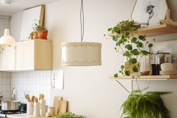 A cake-shaped chandelier hangs in a light kitchen - obrazy, fototapety, plakaty