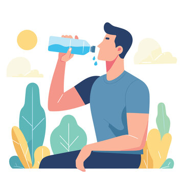a man drinking water stay hydrated flat simple vector illustrations on white background