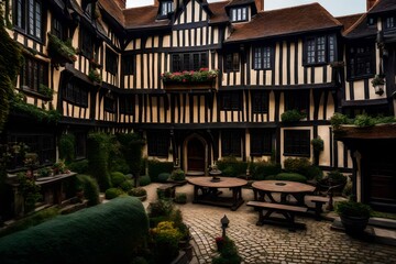 A Tudor style house's meticulously designed courtyard, evoking the historical beauty of Tudor architecture
