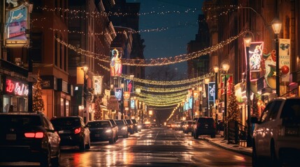 A festive background with a bustling city street adorned with holiday lights, shoppers, and a vibrant atmosphere, capturing the excitement of urban holiday celebrations