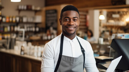 A smiling male cashier in a retail grocery store stands at the checkout counter with a point-of-sale system, dressed in a uniform with an apron and suspenders, ready to assist customers.