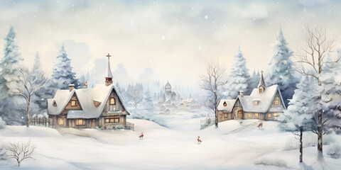 Watercolor winter landscape with wooden house in the forest. New Year Winter Background Merry Christmas and Happy New Year greeting  .Winter landscape with snow and Christmas trees.AI Generative