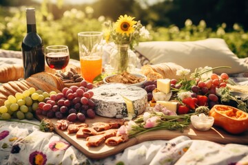 A picnic blanket with a bunch of food and a bottle of wine. Generative AI.