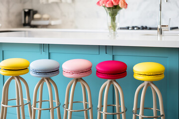Bar stools in the home kitchen in the shape of macarons. The concept of decorating the interior with food-like objects