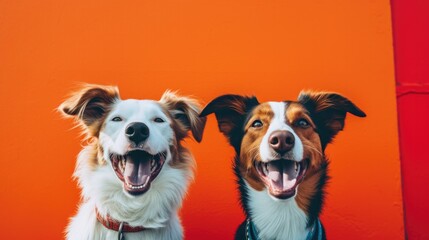 A couple of dogs are on an orange background. Generative AI.