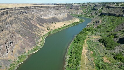 Drone shot of the Snake river in the Pacific Northwest region, USA