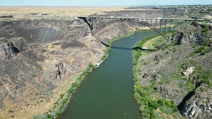 Drone shot of the Perrine bridge over the  Snake river in the Pacific Northwest region, USA