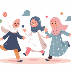 muslim girl joyful jump in the park in the summer vector illustrations on white background