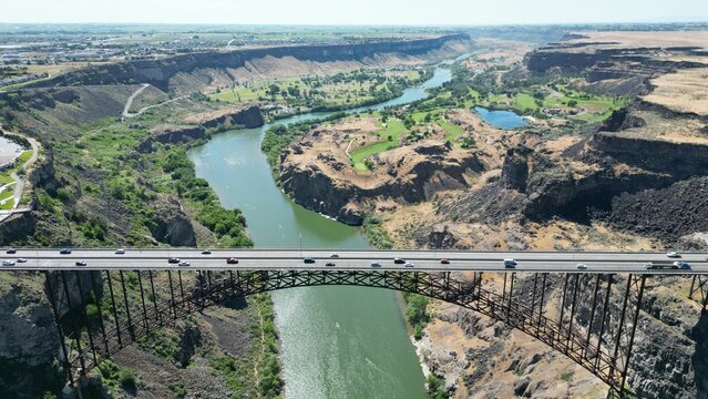 Drone shot of the Perrine bridge over the  Snake river in the Pacific Northwest region, USA