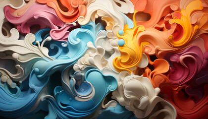 Abstract blue backdrop with multi colored curves, a liquid wave pattern generated by AI