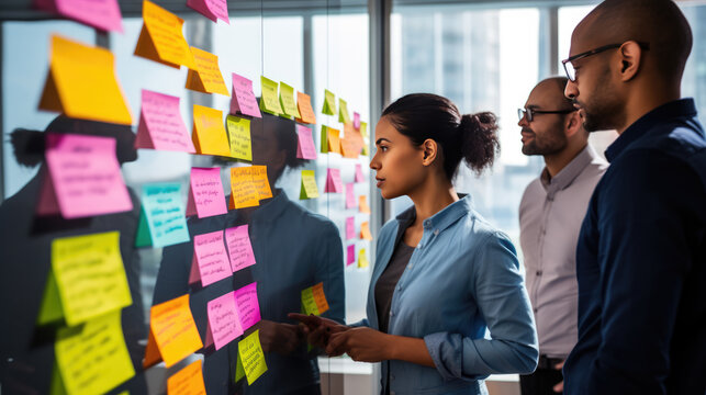 A professional team engaged in a brainstorming session, using colorful sticky notes on a glass wall to organize their ideas and strategies.
