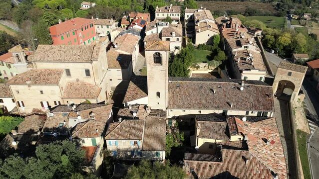 Italy, November 10, 2023 - aerial view of the medieval village of Novilara in the province of Pesaro and Urbino in the Marche region