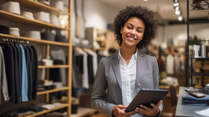 A professional woman with a tablet in hand, smiling and standing in a modern clothing store, surrounded by neatly organized shelves full of various apparel. - obrazy, fototapety, plakaty