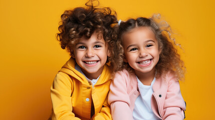 cheerful children, boy and girl on a colored background in the studio, brother and sister, child, kid, toddler, childhood, portrait, face, emotional, expression, joy, friends, happiness, baby, clothes