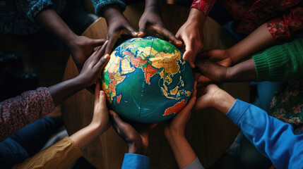 Multiple hands of diverse skin tones coming together to carefully hold a globe, symbolizing unity, diversity, and global cooperation - Powered by Adobe
