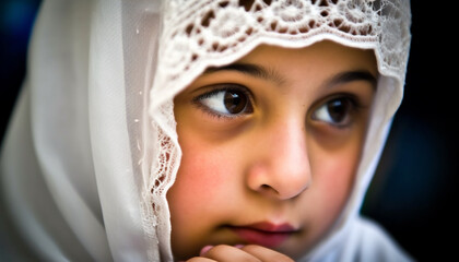 Portrait of a cute child in traditional clothing, smiling happily generated by AI