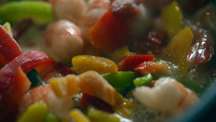 Close-Up Macro of Vegetables and Shrimps Cooking in Pan with Steam, Food Preparation Scene