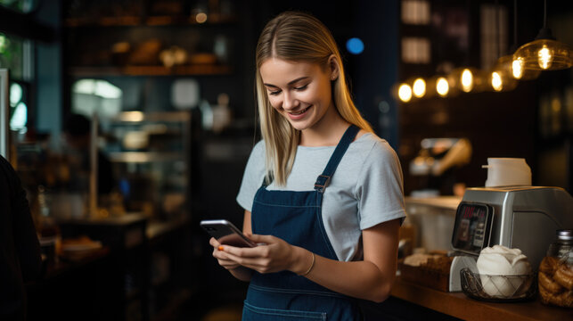 A cafe worker, wearing an apron and using a smartphone, standing at the counter of a warmly lit cafe with coffee equipment in the background.