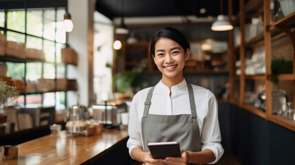 A smiling woman, small business owner, holding a tablet and wearing an apron, standing in a well-lit and organized cafe environment