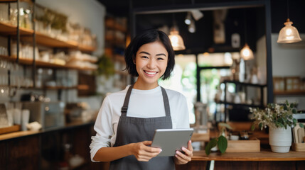 A smiling woman, small business owner, holding a tablet and wearing an apron, standing in a well-lit and organized cafe environment