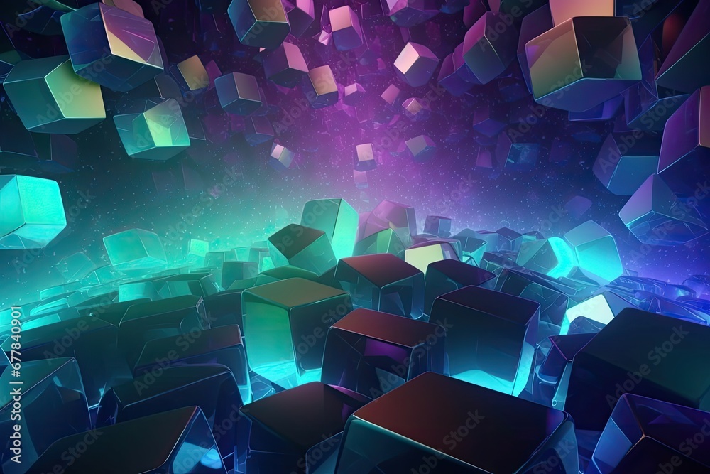 Poster Futuristic 3D geometric shape background, virtual environment filled with holographic, pulsating geometric shapes, creating a surreal, immersive experience, 3D modeling holographic texture