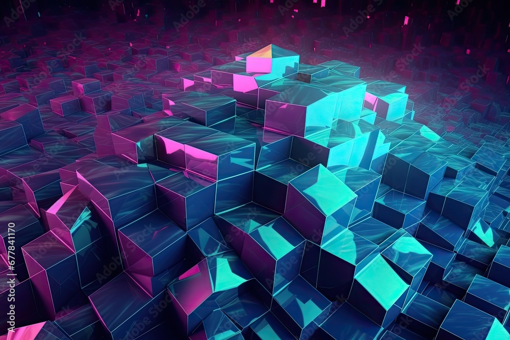 Poster futuristic 3d geometric shape background, virtual environment filled with holographic, pulsating geo