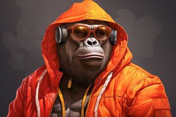 A gorilla wearing hip-hop style street fashion. Funny cute animal, hiphop guy, rapper and hustler concept - obrazy, fototapety, plakaty