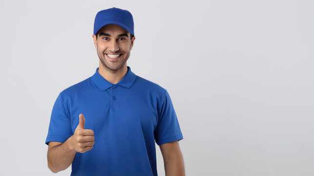 Cheerful man in a blue polo shirt and cap, giving a thumbs-up, likely representing a friendly and approachable delivery service professional.