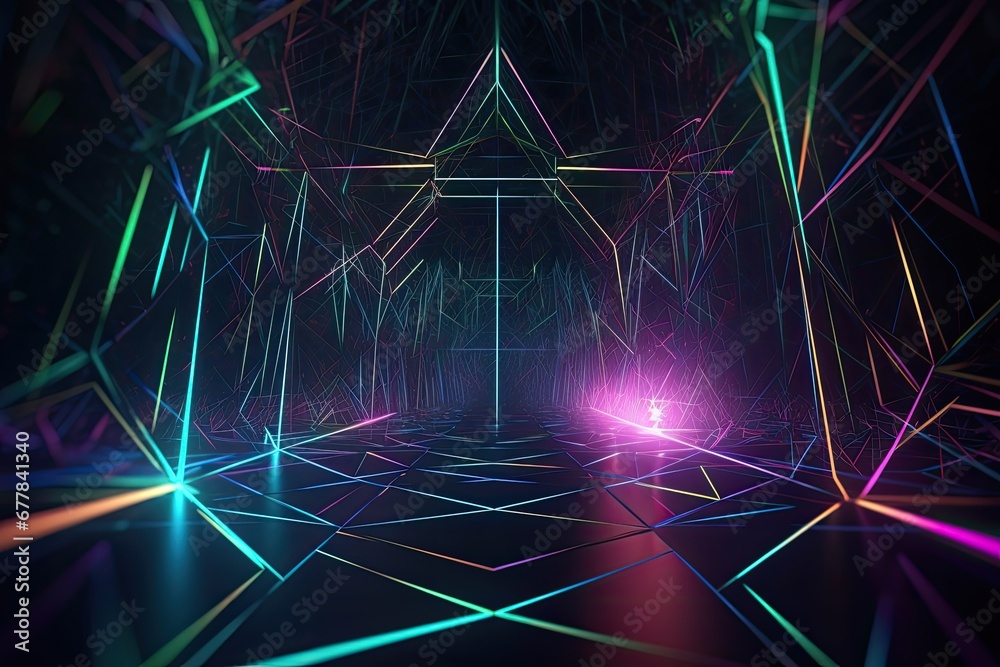 Poster futuristic 3d geometric shape background, virtual environment filled with holographic, pulsating geo