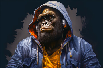 A gorilla wearing hip-hop style street fashion. Funny cute animal, hiphop guy, rapper and hustler concept