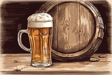 Traditional drawing of a rustic wooden signboard portraying beer. Generative AI