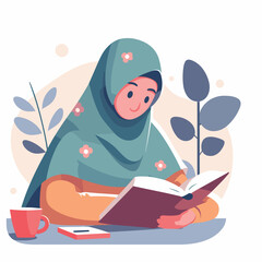 muslim woman reading holy quran vector illustrations on white background
