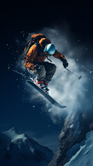 Jumping through air with deep blue sky in background. Winter sport background. Copy Space.