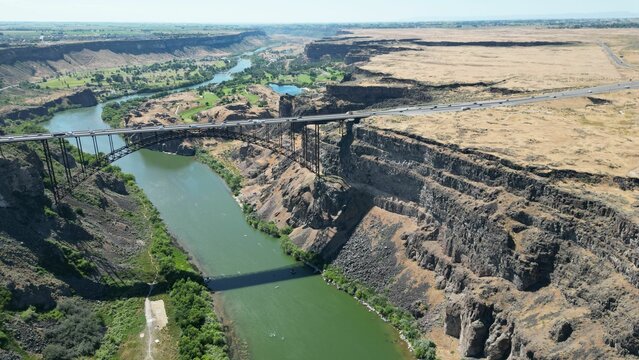 Drone shot of the Perrine bridge over the  Snake river in the Pacific Northwest region, USA