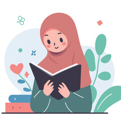 muslim woman reading holy quran vector illustrations on white background