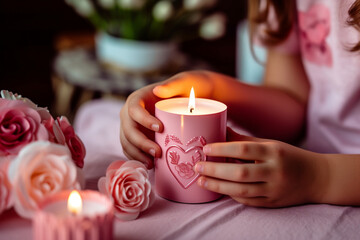 A close-up of a child's hands creating a personalized candle for mom, adding a touch of warmth and ambiance, creativity with copy space