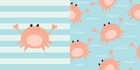 Cute crab card and seamless pattern. Set of summer background. Vector illustration. It can be used for wallpapers, wrapping, cards, patterns for clothing and others. © Evalinda